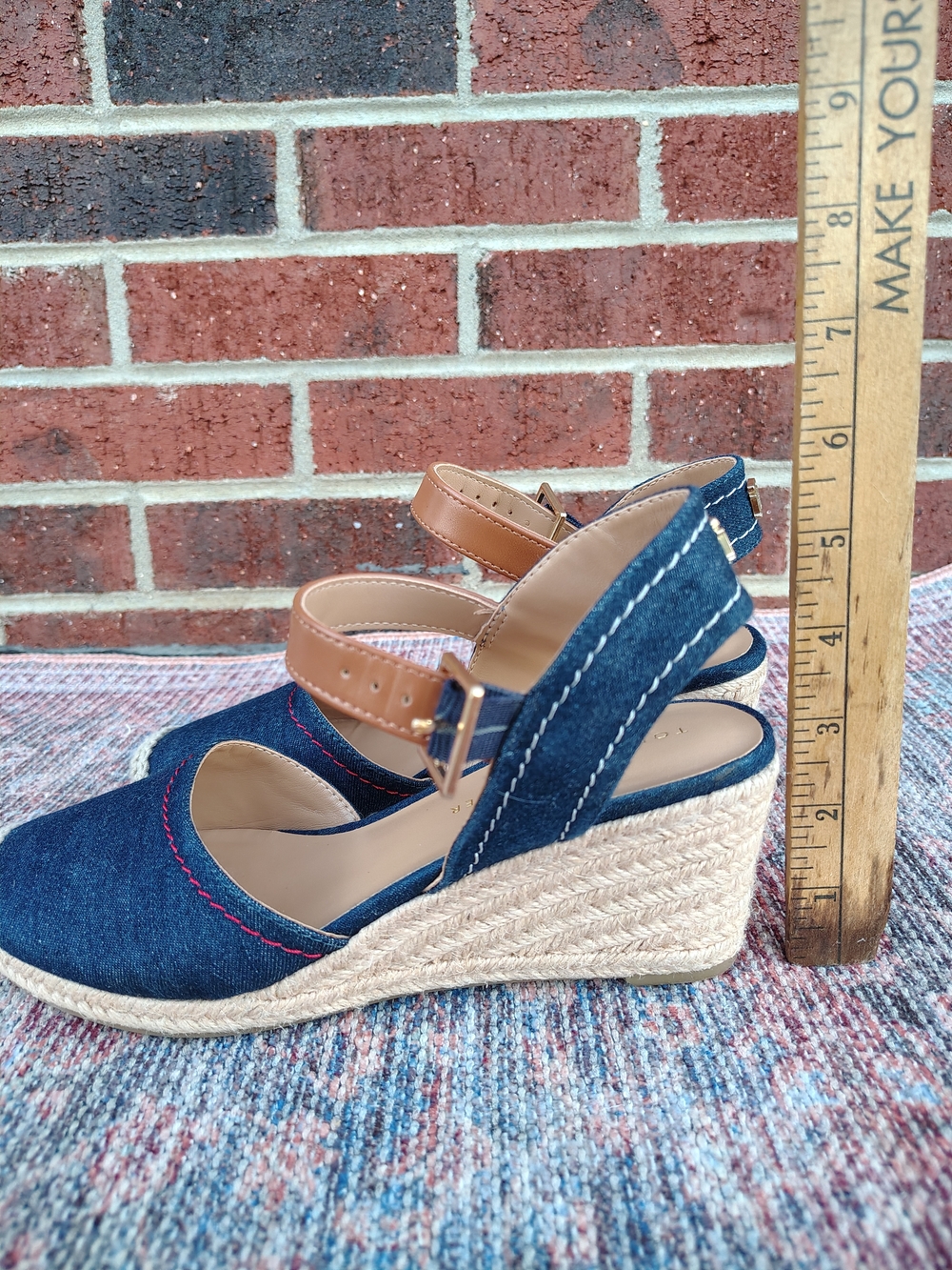 Tommy Hilfiger Navy Denim Espadrille Wedges with Tan Ankle Strap - Picture 5 of 5